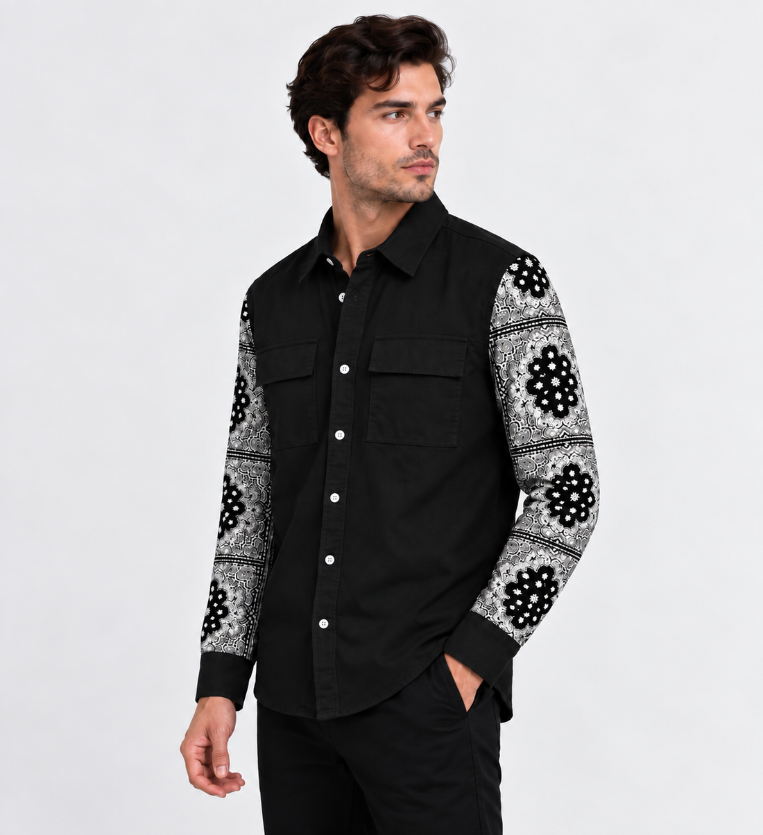 Black Full Sleeve Shirt with Patterned Sleeves